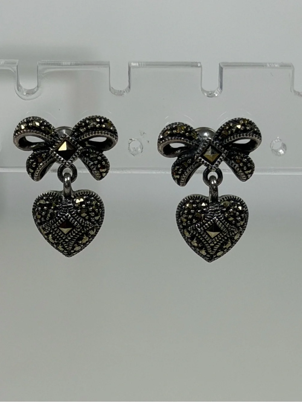 Vintage Sterling Silver Heart With Bow Marcasite Earrings‎
